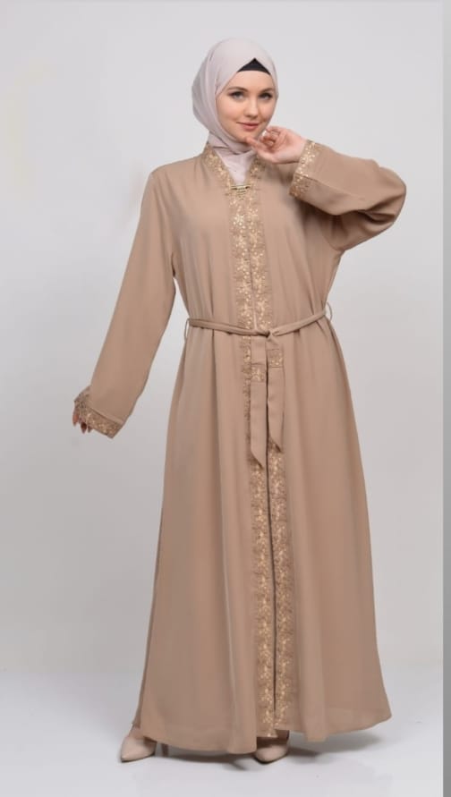 حجاب فاشن مول عباية بيج 2 طبقة - Abaya Beige 2 Layers Hijab fashion mall 4640