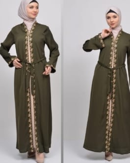 حجاب فاشن مول عباية زيتي 2 طبقة - Abaya Olive 2 Layers Hijab fashion mall 4640