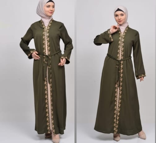 حجاب فاشن مول عباية زيتي 2 طبقة - Abaya Olive 2 Layers Hijab fashion mall 4640