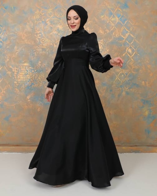 فستان سهرة ساتان أسود حجاب فاشن مول - Evening dress Saten Black Hijab fashion mall 1