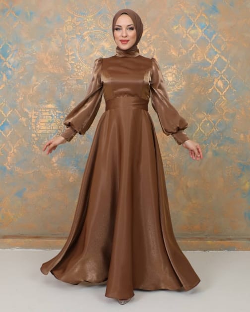 فستان سهرة ساتان بني حجاب فاشن مول - Evening dress Saten Brown Hijab fashion mall 1