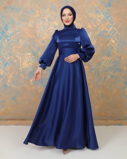 فستان سهرة ساتان كحلي حجاب فاشن مول - Evening dress Saten Navy Hijab fashion mall 1